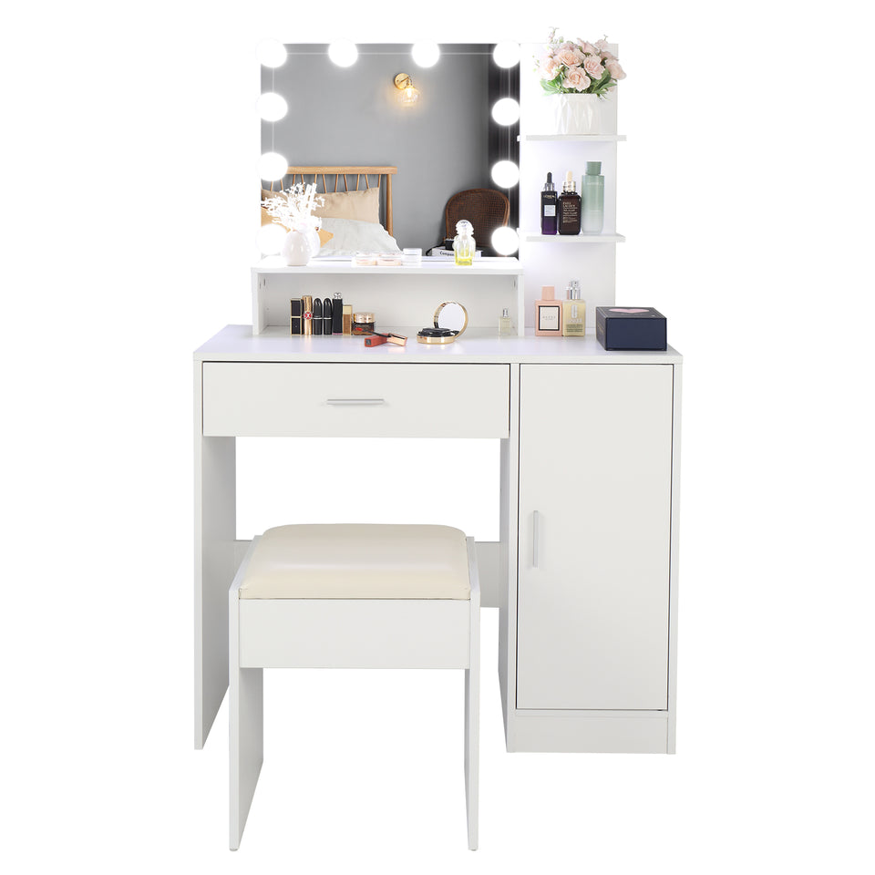 Large Vanity Set with 10 LED Bulbs, Makeup Table with Cushioned Stool, 3 Storage Shelves 1 Drawer 1 Cabinet, Dressing Table Dresser Desk for Women, Girls, Bedroom, White