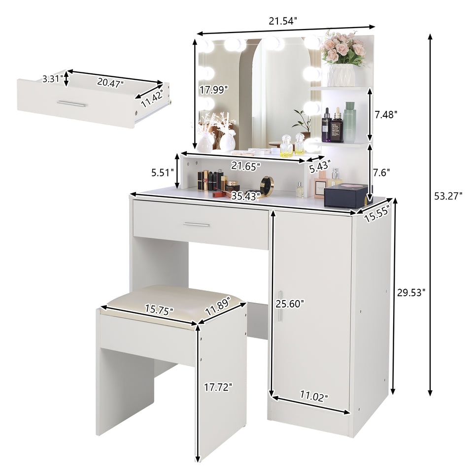 Large Vanity Set with 10 LED Bulbs, Makeup Table with Cushioned Stool, 3 Storage Shelves 1 Drawer 1 Cabinet, Dressing Table Dresser Desk for Women, Girls, Bedroom, White