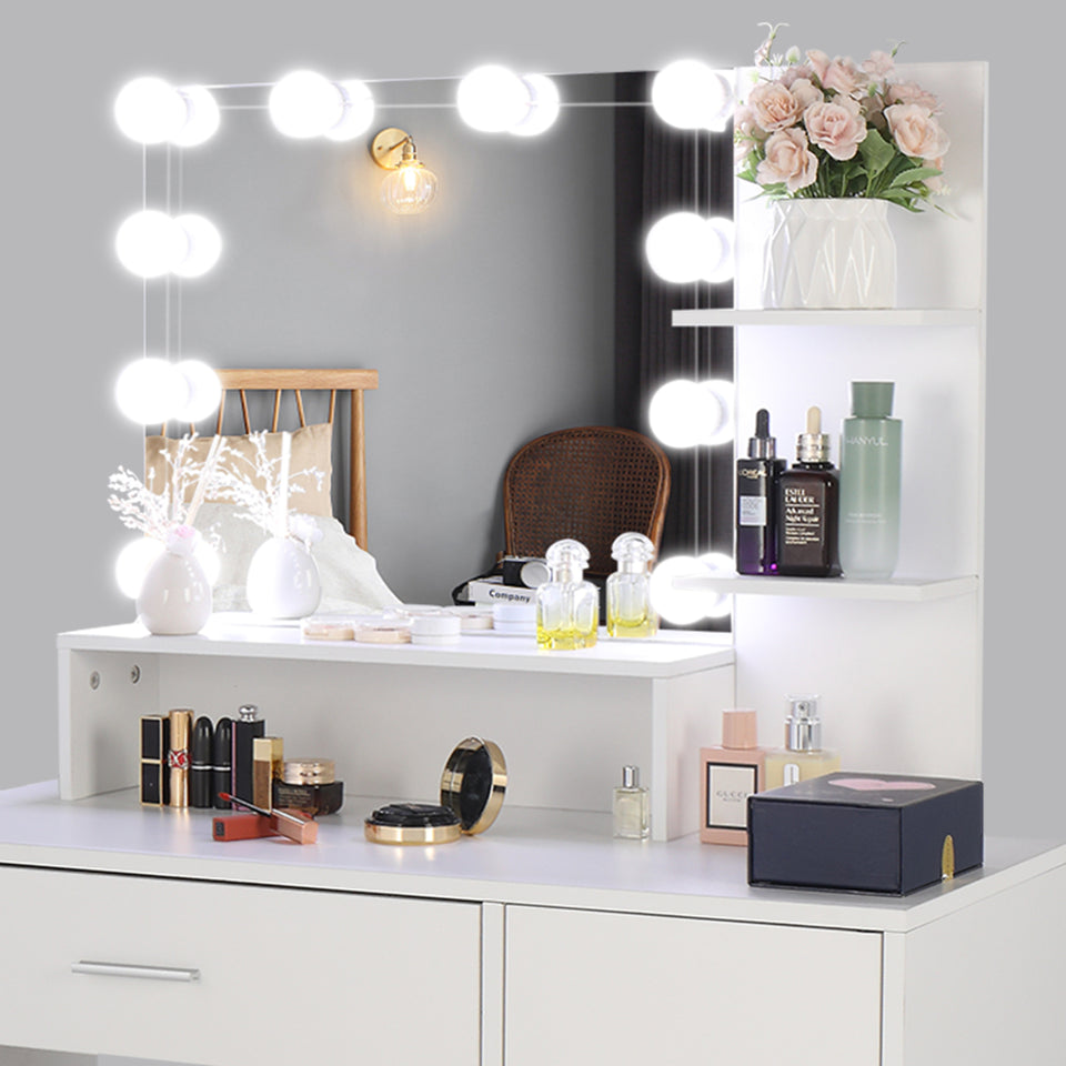 Large Vanity Set with 10 LED Bulbs, Makeup Table with Cushioned Stool, 3 Storage Shelves 1 Drawer 1 Cabinet, Dressing Table Dresser Desk for Women, Girls, Bedroom, White