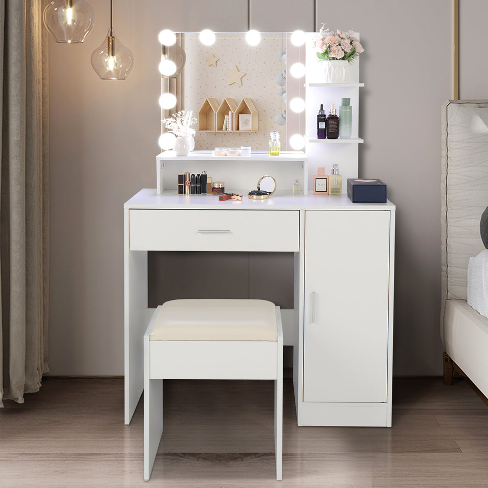 Large Vanity Set with 10 LED Bulbs, Makeup Table with Cushioned Stool, 3 Storage Shelves 1 Drawer 1 Cabinet, Dressing Table Dresser Desk for Women, Girls, Bedroom, White