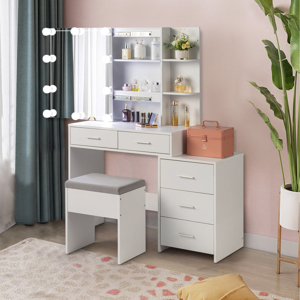 Particleboard Triamine Veneer 5 Pumps 2 Shelves Mirror Cabinet Three Dimming Light Bulb Dressing Table Set White