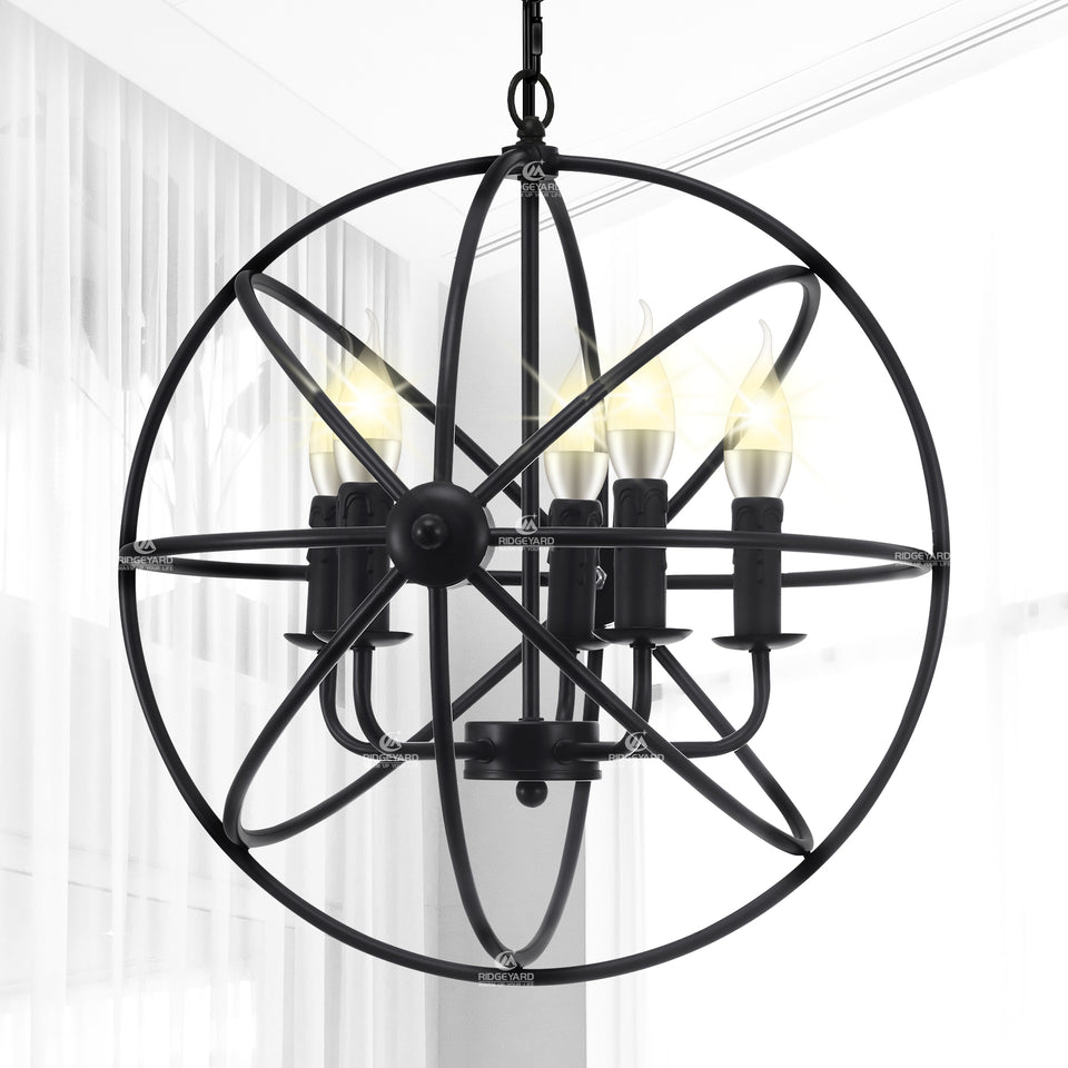 5 Light Loft Industrial Chandelier Round Metal Pendant Lamp Black Adjustable