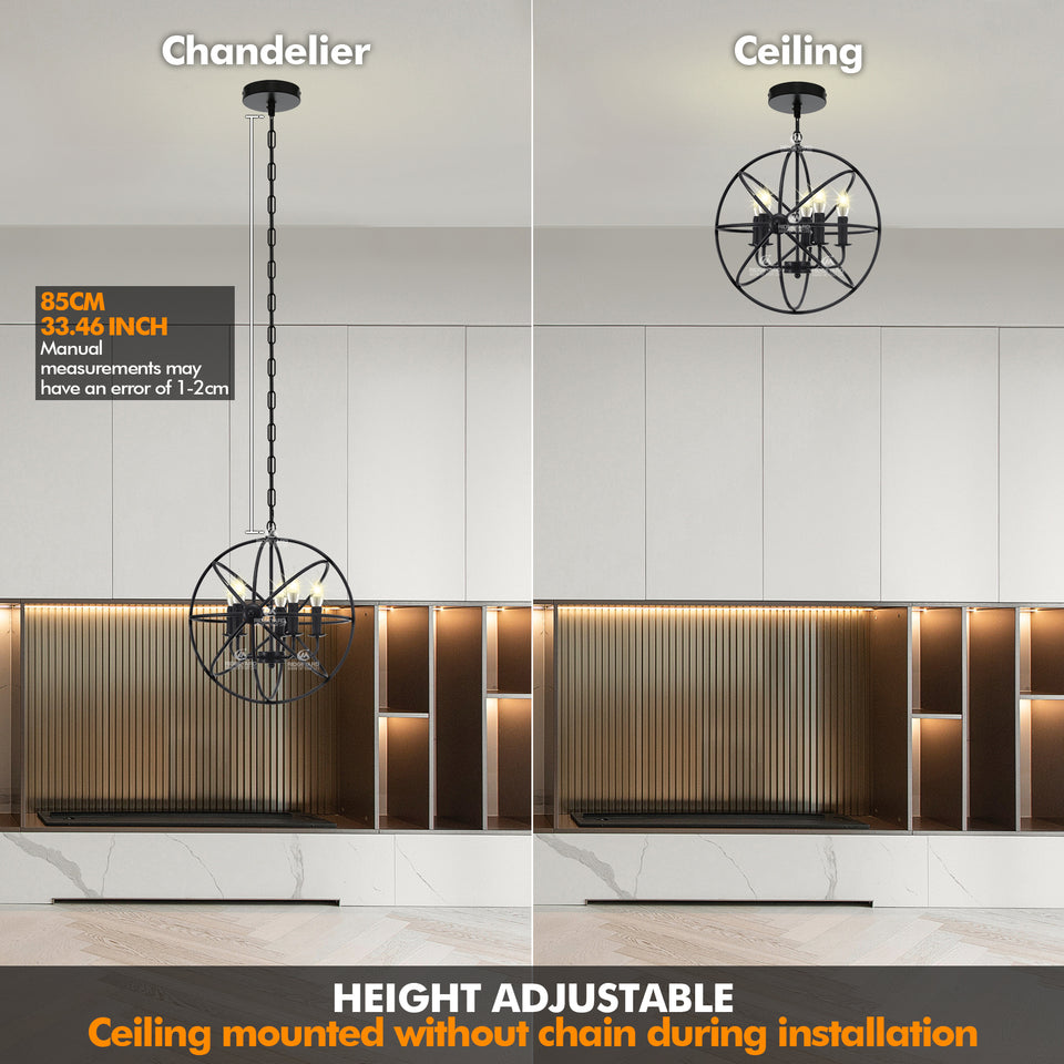 5 Light Loft Industrial Chandelier Round Metal Pendant Lamp Black Adjustable