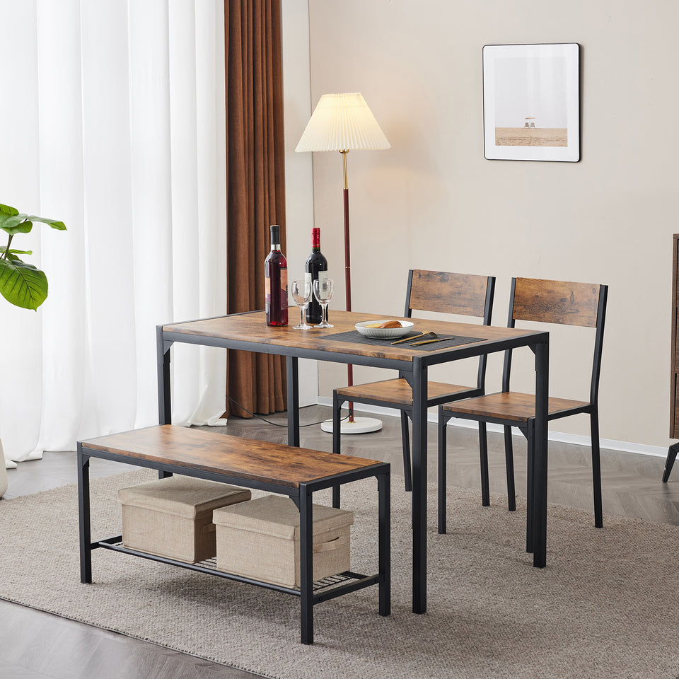 Dining Table Set for 4  with 2 Chairs and a Bench for Small Space Bar Pub Apartment- Rustic Brown