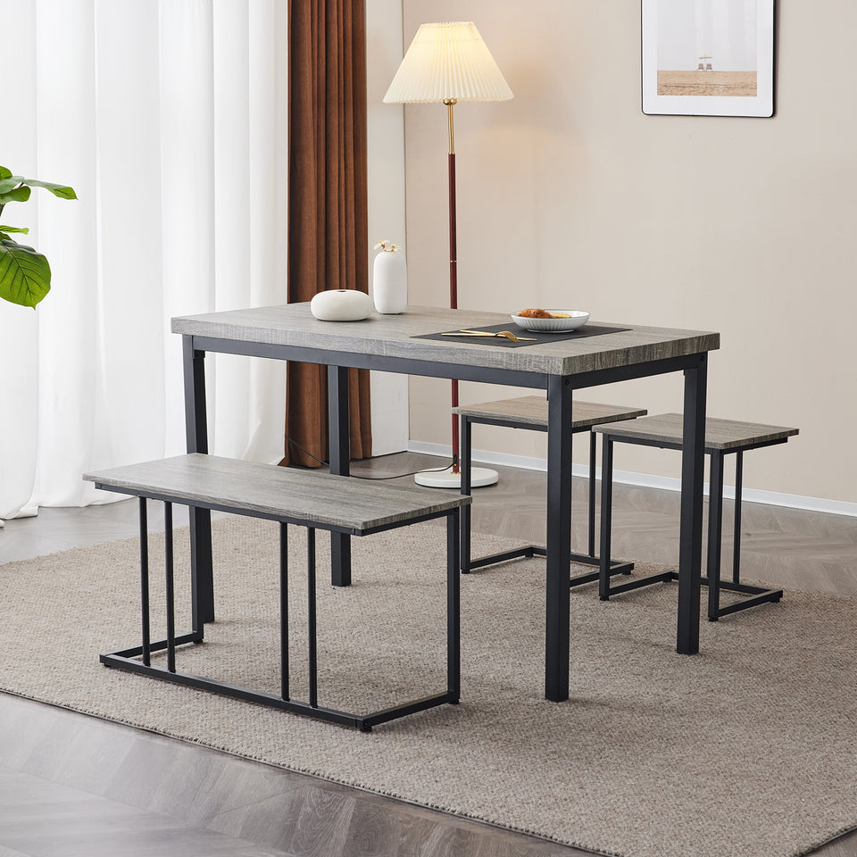 Dining Table Set for 4  with 2 stools and a Bench for Small Space Bar Pub Apartment- Grey