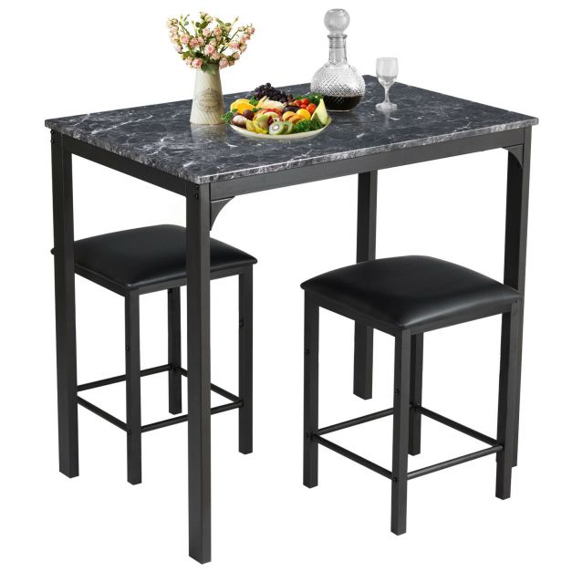 3 Piece Dining Table Set with 2 Faux Leather Backless Stools