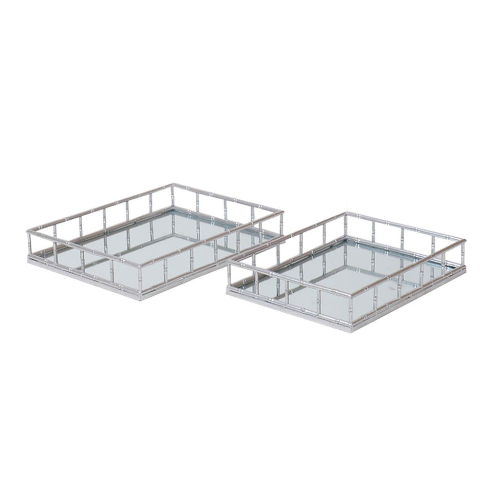 Set Of 2 Detailed Silver Rectangular Trays-Hill Interior