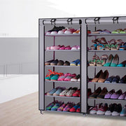 Lavish Kitchen Isle 6-Row 2-Line shoe rack with 12 lattices, made of non-woven fabric in grey and coffee colors.