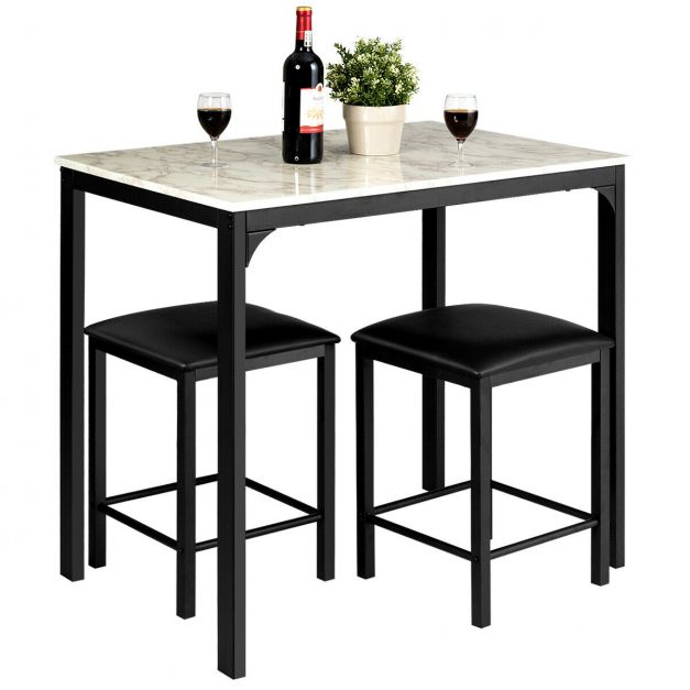 3 Piece Dining Table Set with 2 Faux Leather Backless Stools