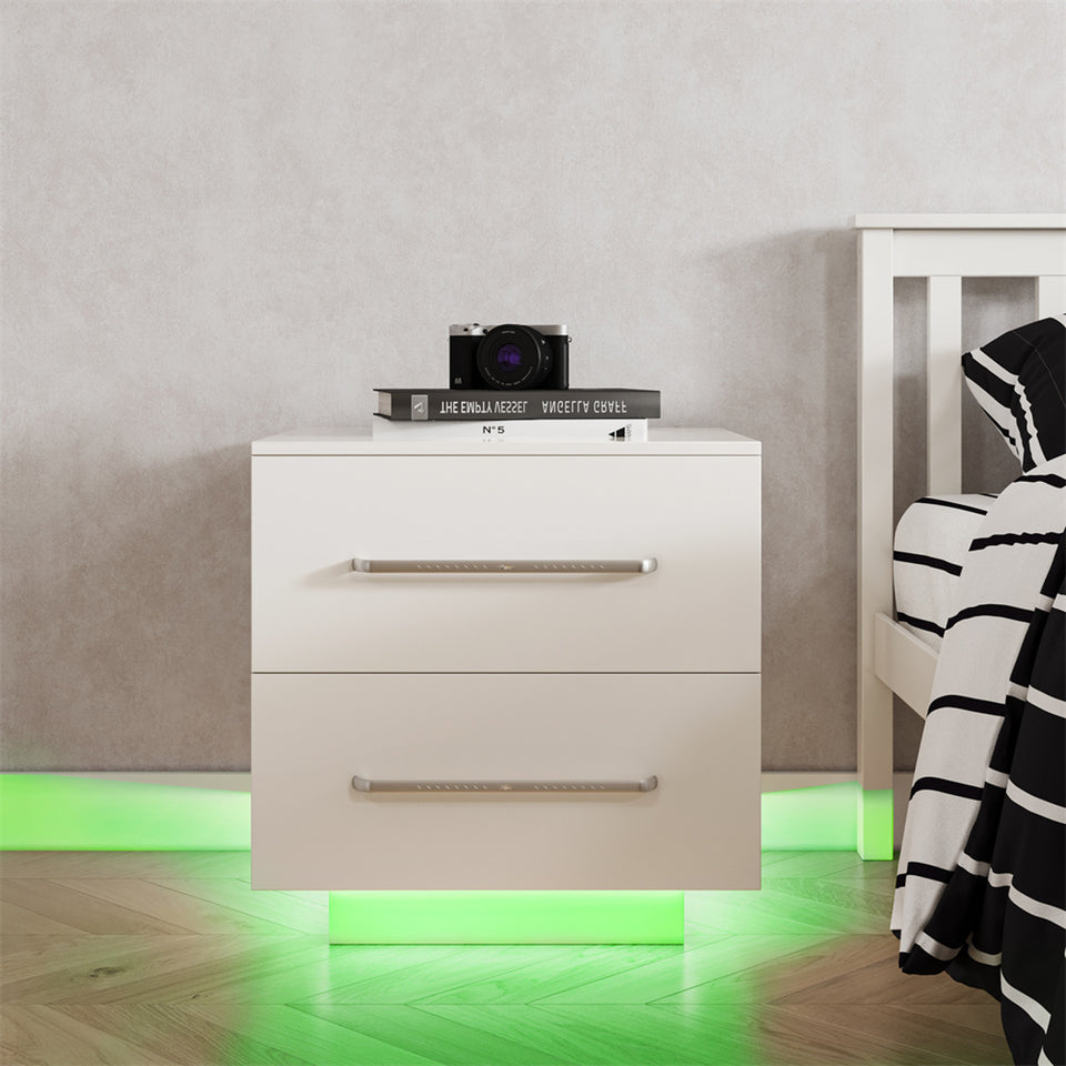Modern LED Light 2 Drawers Nightstand Storage Shelf Bedside End Table Cabinet with Handle