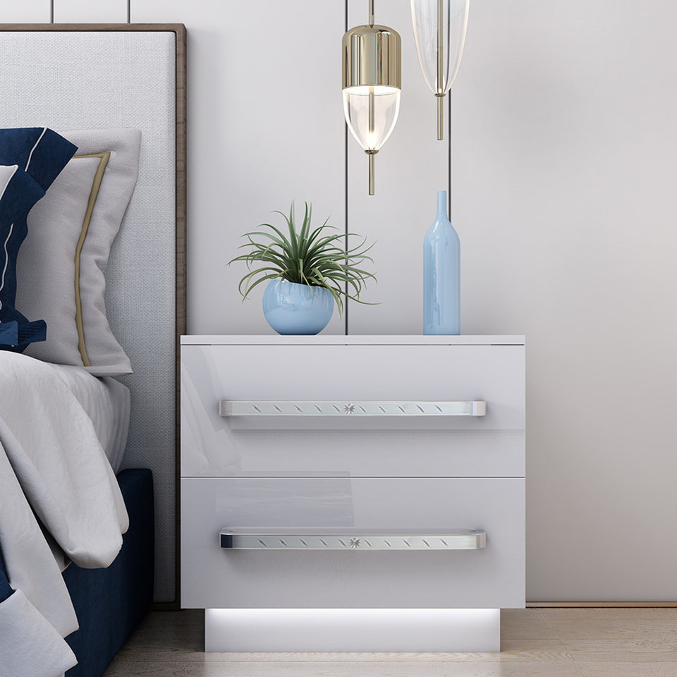 Modern LED Light 2 Drawers Nightstand Storage Shelf Bedside End Table Cabinet with Handle
