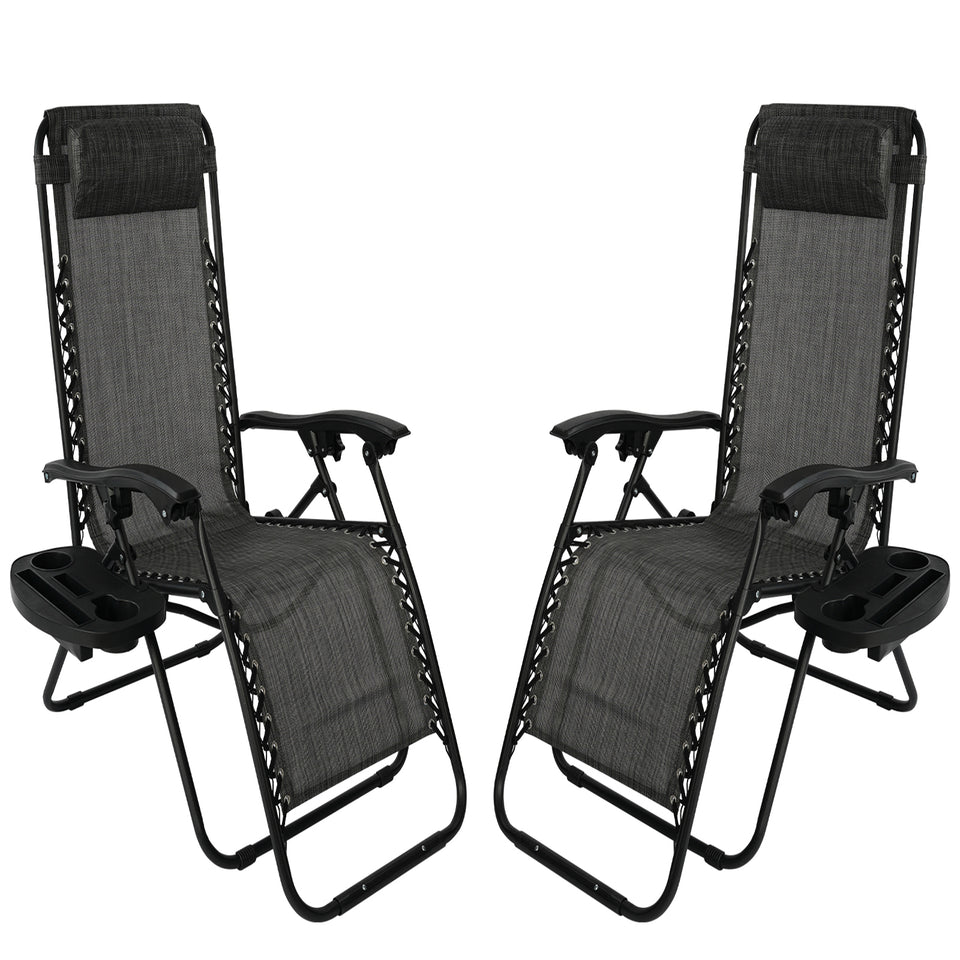 Grey Sunloungers Recliner Set of 2, Zero Gravity With Cup Phone Holder Head Pillow