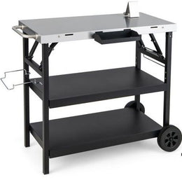 3-Tier Foldable Stainless Outdoor Cart with 2 Wheels - Lavish Kitchen Isle