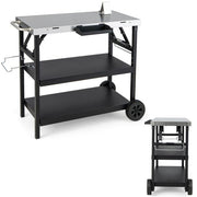 3-Tier Foldable Stainless Outdoor Cart with 2 Wheels - Lavish Kitchen Isle