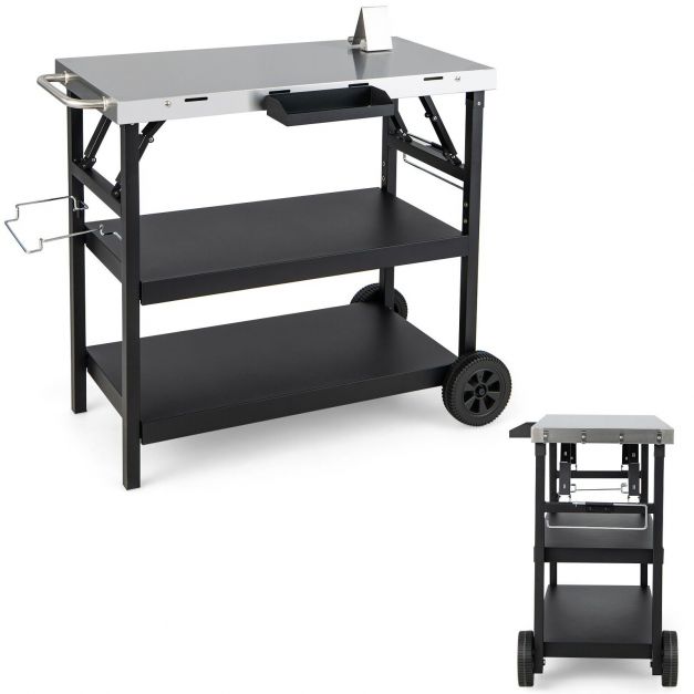 3-Tier Foldable Stainless Outdoor Cart with 2 Wheels