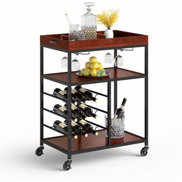 3-Tier Kitchen Island Storage Cart with Wine Rack and Glass Holder