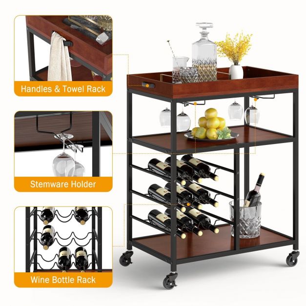 3-Tier Kitchen Island Storage Cart with Wine Rack and Glass Holder