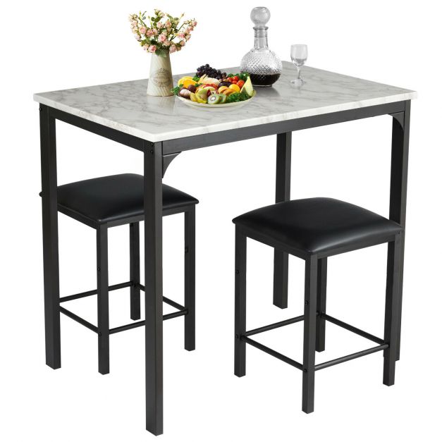 3 Piece Dining Table Set with 2 Faux Leather Backless Stools