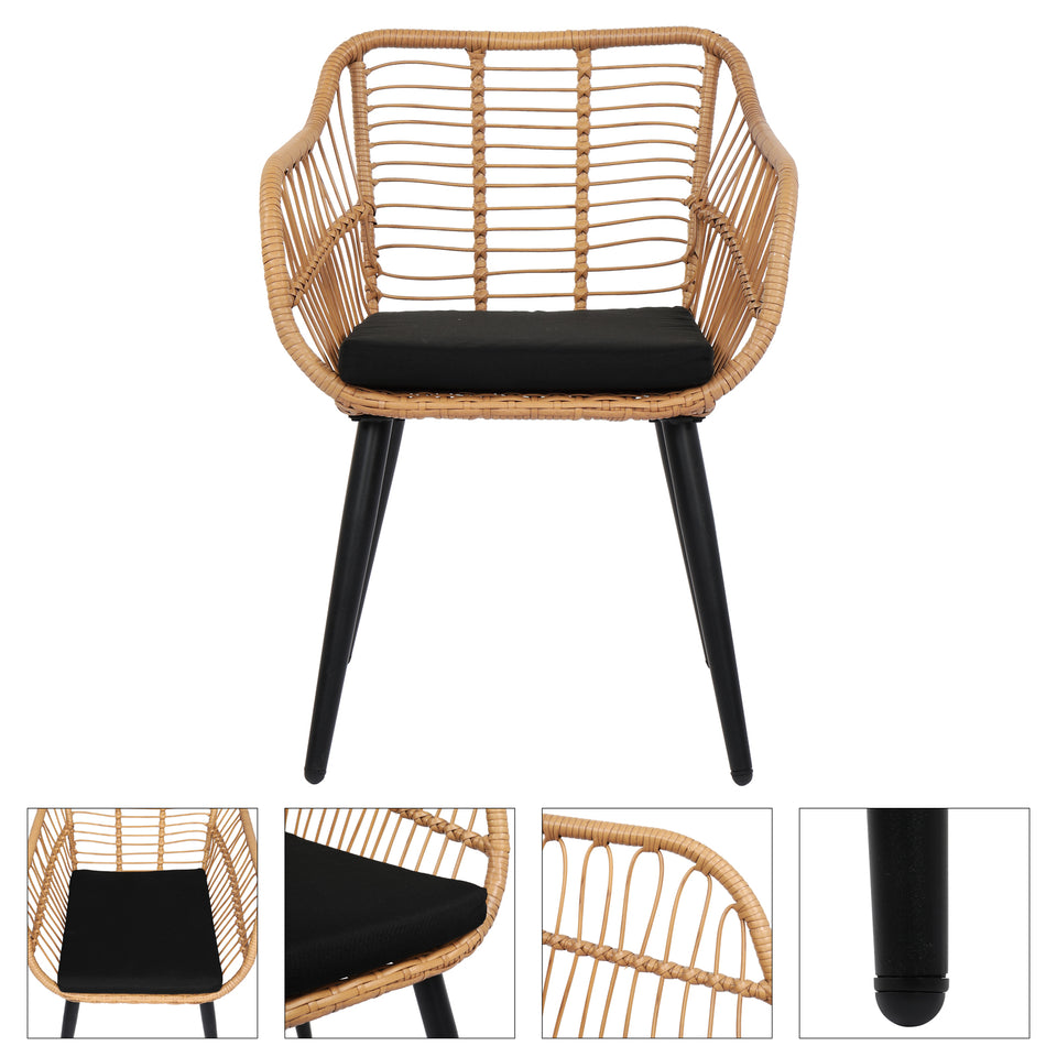 3 Piece Patio Wicker Chair Set with Glass Top Table and Soft Cushion, Outdoor Backyard Porch Furniture