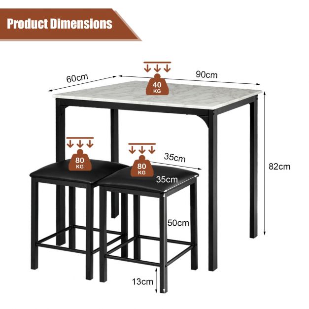 3 Piece Dining Table Set with 2 Faux Leather Backless Stools