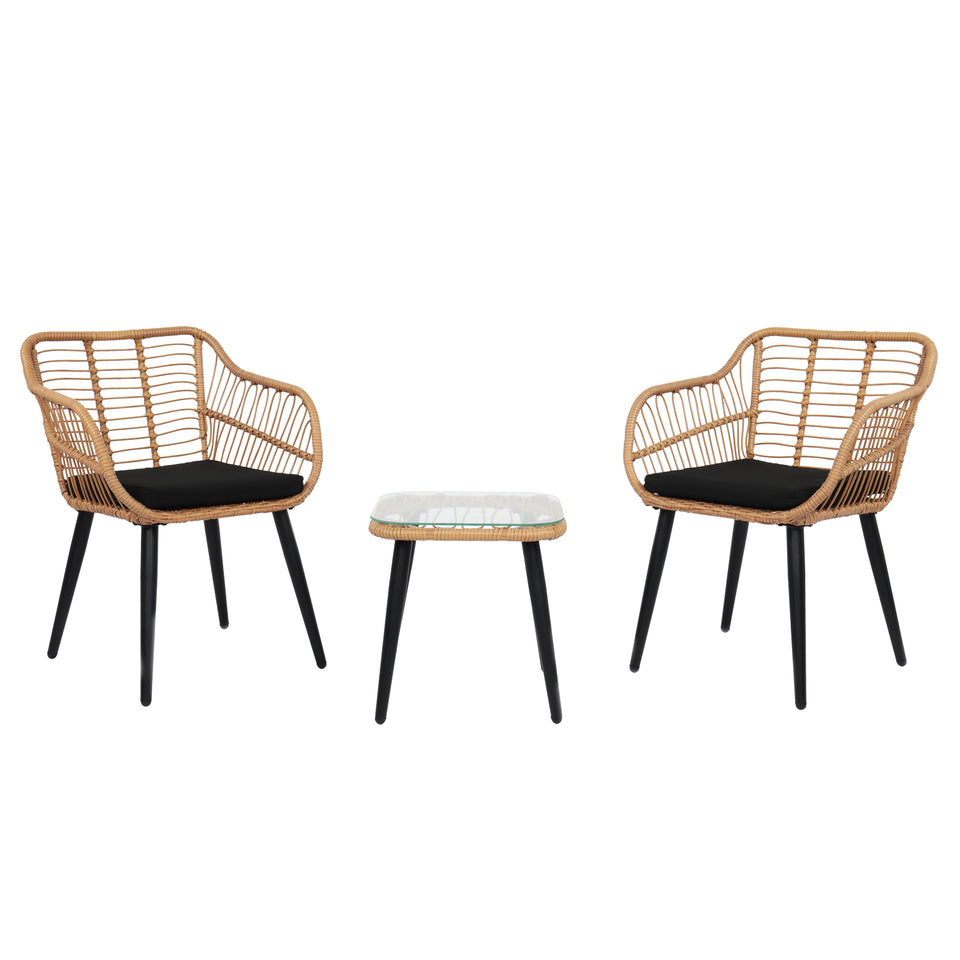 3 Piece Patio Wicker Chair Set with Glass Top Table and Soft Cushion, Outdoor Backyard Porch Furniture