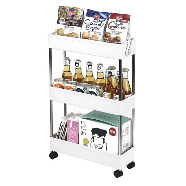 3-Layer Ultra-thin, Mobile Multi-Functional Slim Storage Cart,Suitable for Kitchen, Bathroom, Laundry Room Narrow Place, Plastic and Stainless Steel, White