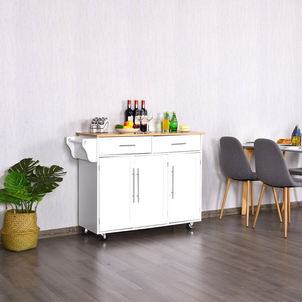 Kitchen Rolling Cart Island with Butcher's Block (White)-COSTWAY