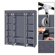 Grey and black 69-inch portable clothes closet wardrobe storage organizer made of non-woven fabric with multiple compartments.