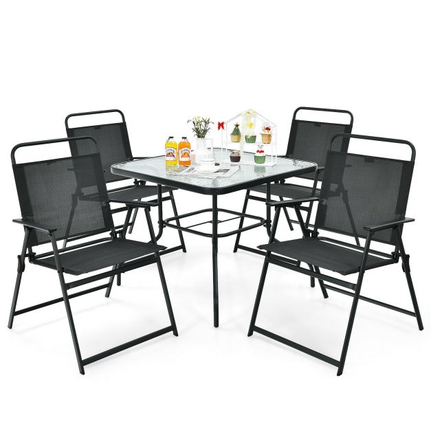 6 Piece Patio Dining Set with Umbrella and 4 Folding Chairs