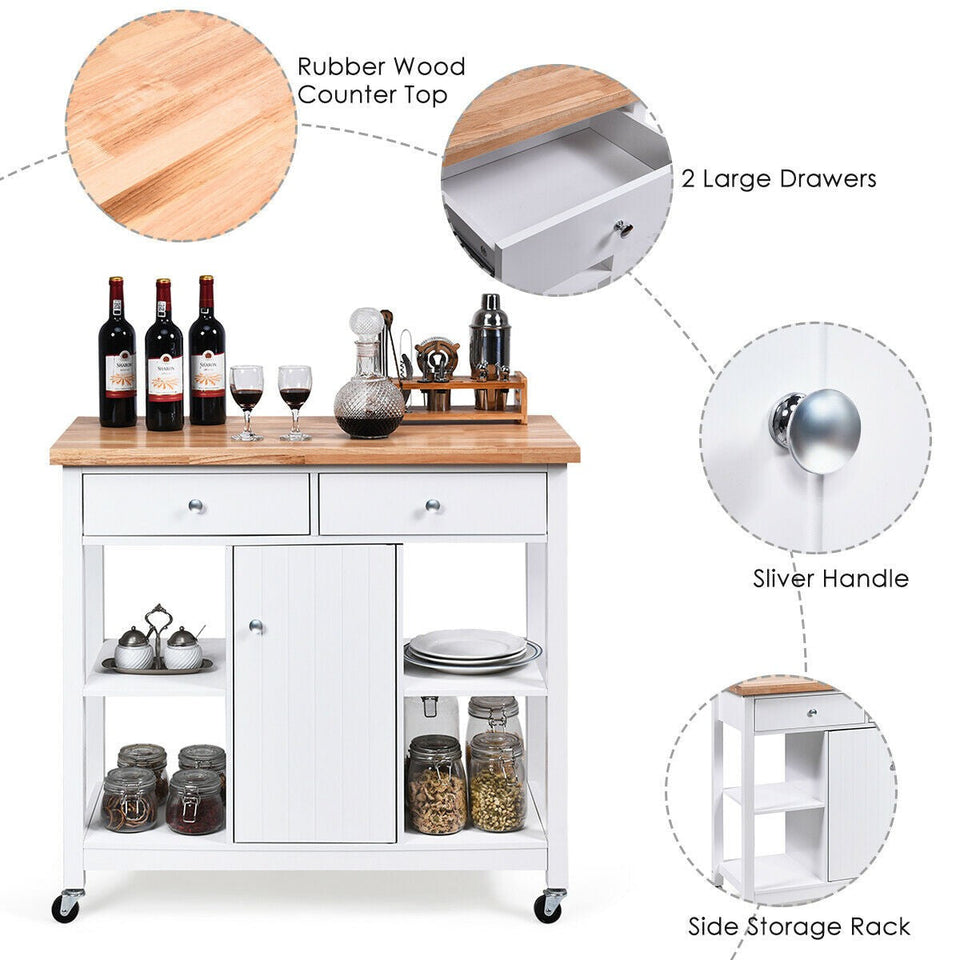 COSTWAY- Kitchen Island Trolley with Drawers and Shelves (White)-COSTWAY