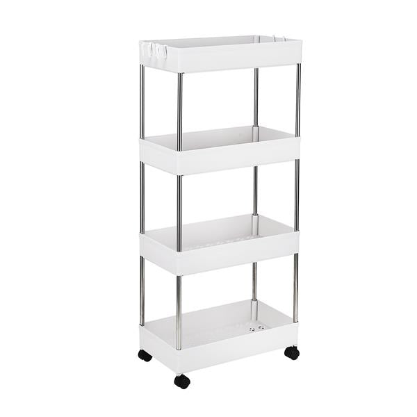 4-Layer Mobile Multi-functional Storage Cart,Suitable for Kitchen, Bathroom, Laundry Room Narrow Place, Plastic and Stainless Steel, White