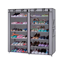 Lavish Kitchen Isle 6-row 2-line shoe rack with 12 lattices made of non-woven fabric in grey and coffee color.