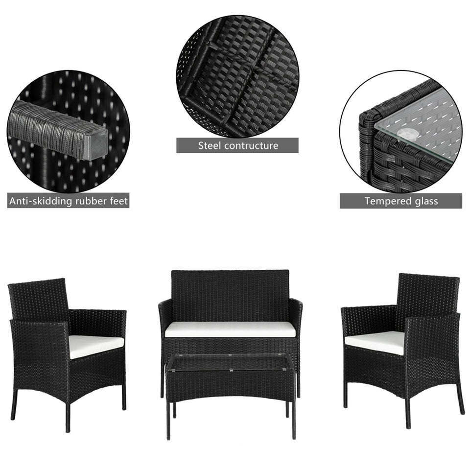 2pcs Arm Chairs, 1pc Love Seat & Tempered Glass Coffee Table Rattan Set  (Black)-Lavish Kitchen Island