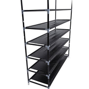 Black 10-tier non-woven fabric shoe rack with handle from Lavish Kitchen Isle, showing multiple shelves for organized shoe storage.