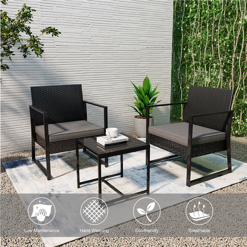 Black 3 PCS Rattan Weaving Wicker Bistro Set Include 2 Armchairs and Coffee Table