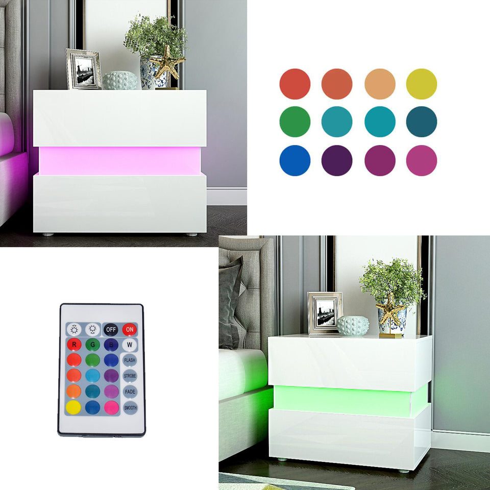 Bedside Table with 16 Colour LED Light Nightstand High Gloss with 2 Drawers White