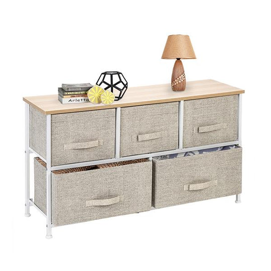 2-Tier Wide Closet Dresser With 5 Easy Pull Fabric Drawers And Metal Frame
