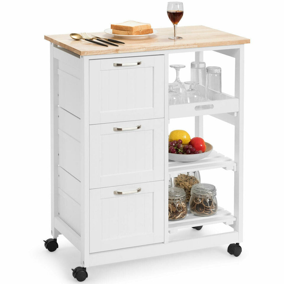 Rolling Kitchen Island Cart with Storage Drawer and Tray-COSTWAY