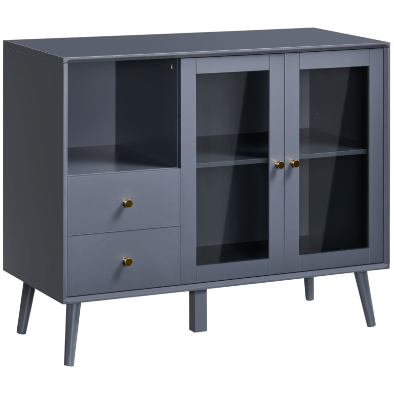 Modern Sideboard with Glass Doors Cupboard, 2 Drawers and Open Shelf for Living Room, Hallway- Grey