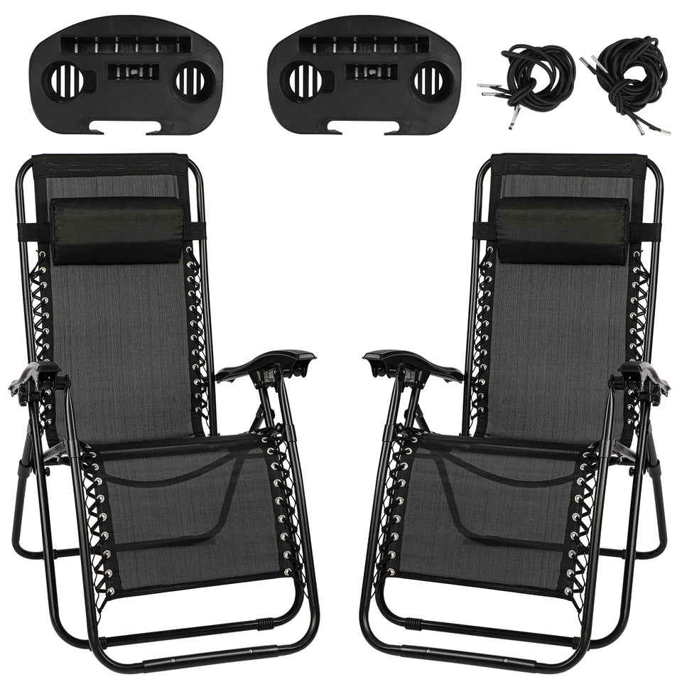 Black Sunloungers Recliner Set of 2, Zero Gravity With Cup Phone Holder Head Pillow