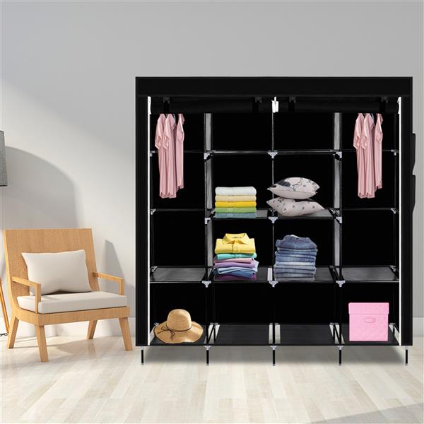 67" Clothes Closet Portable Wardrobe Clothes Storage Rack 12 Shelves 4 Side Pockets Black
