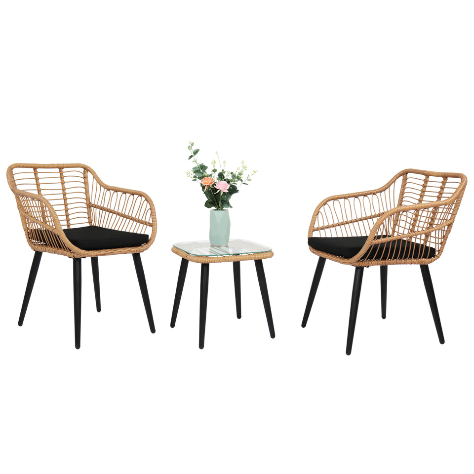 3 Piece Patio Wicker Chair Set with Glass Top Table and Soft Cushion, Outdoor Backyard Porch Furniture