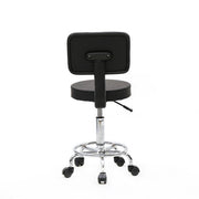 Black round adjustable salon stool with backrest, ergonomic design, suitable for salon or beauty use by wearelavishkitchenisland.