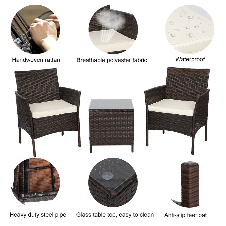 Brown 3 PCS Rattan Wicker Furniture Set Of 2 with Coffee Table