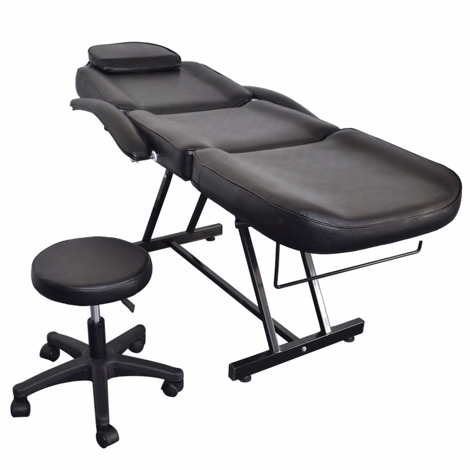 Reclining Beauty Salon Chair Tattoo Spa Facial Couch Bed with Stool Black