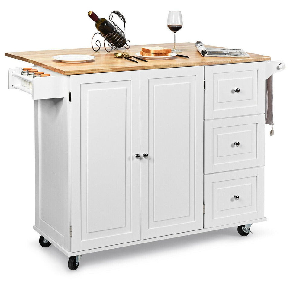 Kitchen Island Cart on Wheels with 3 Drawers and 2-door Cabinet-COSTWAY