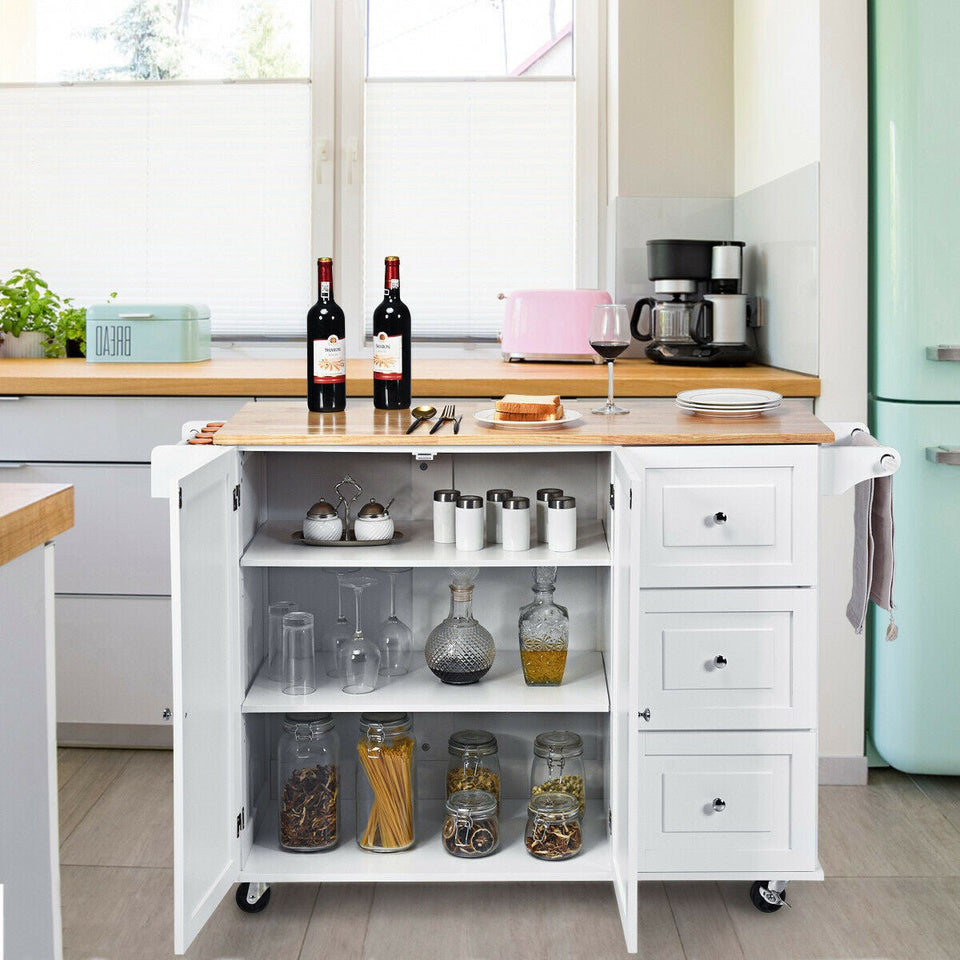 Kitchen Island Cart on Wheels with 3 Drawers and 2-door Cabinet-COSTWAY