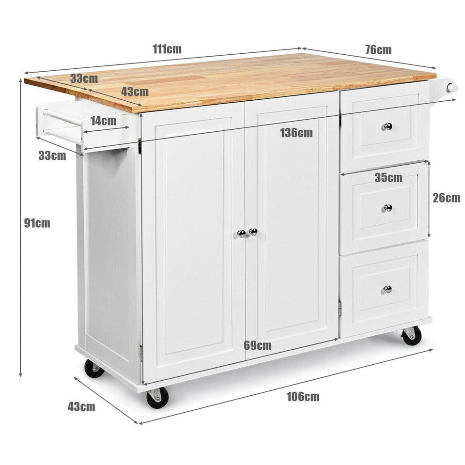 Kitchen Island Cart on Wheels with 3 Drawers and 2-door Cabinet-COSTWAY