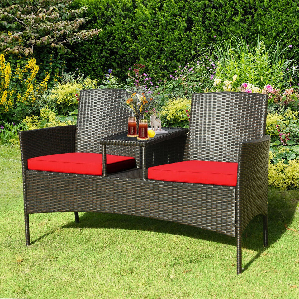 Rattan Loveseat with Drinks Table-COSTWAY
