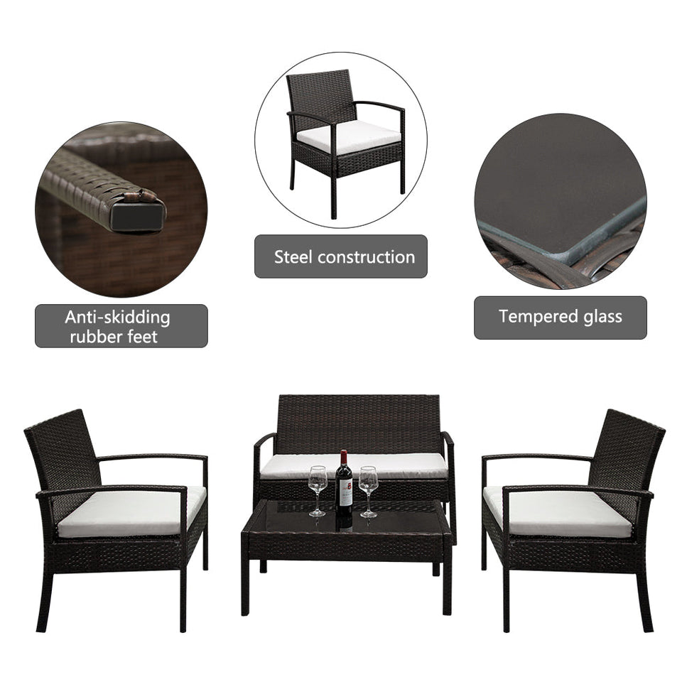 2pcs Arm Chairs, 1pc Love Seat & Tempered Glass Coffee Table Rattan Set  (Brown)-Lavish Kitchen Island